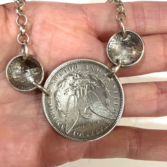 1881-O US Morgan Silver Dollar Coin Plus 2 Dimes in Sterling Silver 18" Necklace - Picture 12 of 12